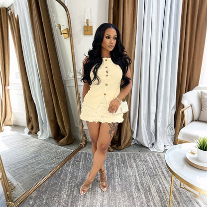 Womens Sleeveless Top With 3D Floral Design And A Figure hugging Midi Skirt