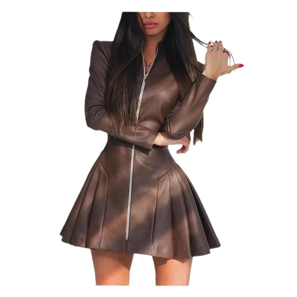 Women's Fashion Slim Fit Long Sleeve Pleated PU Leather Zipper Dress