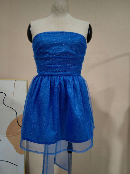 Tube Top Lace Dress With Back Bow-knot Summer Fashion Temperament Mesh Stitching Off-neck Short Skirt