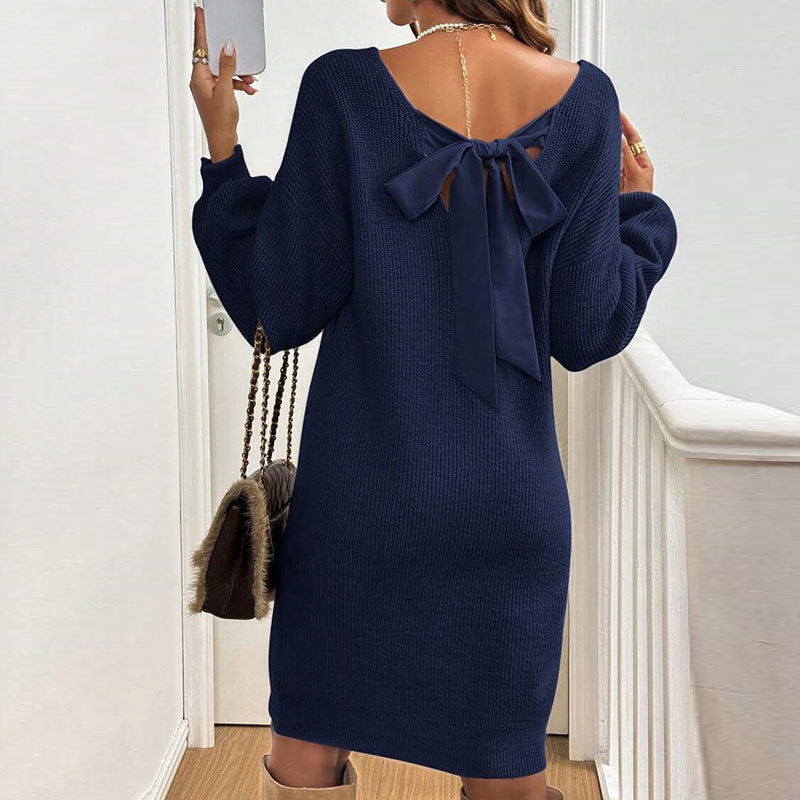 Loose Knitted V-neck Bow Long Sleeve All-matching Pullover Woolen Skirt