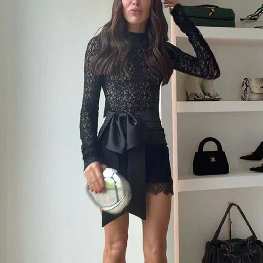 Satin Bow Lace Bodysuit And Mini Sheath Skirt Set