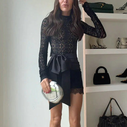 Satin Bow Lace Bodysuit And Mini Sheath Skirt Set