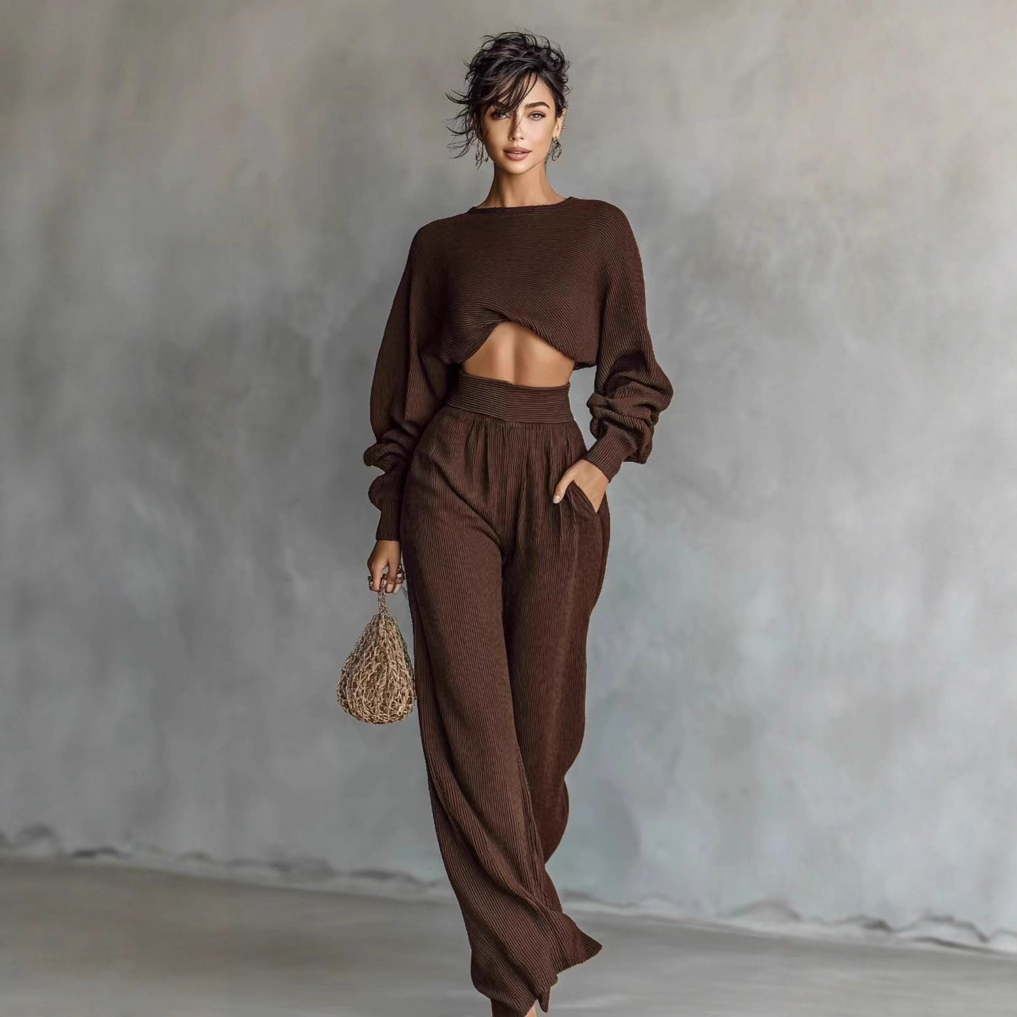 Fashionable Women's Knit Long-sleeve Top And Pants Two-piece Set