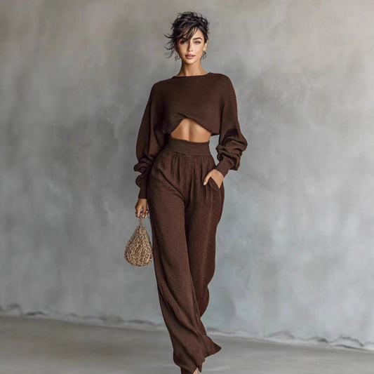 Fashionable Women's Knit Long-sleeve Top And Pants Two-piece Set