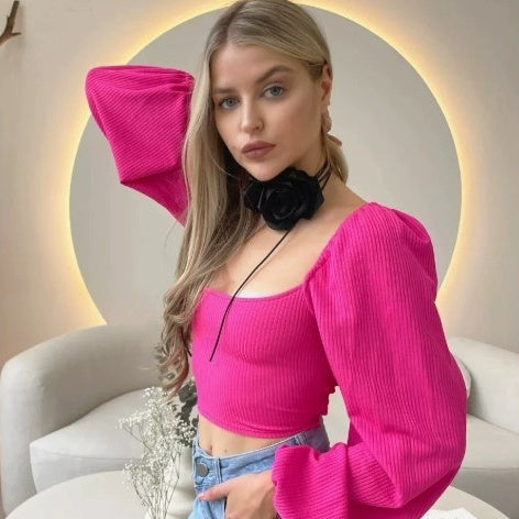 Temperament Ribbed Drawstring Lantern Sleeve Tight Fashion Top Backless Sexy