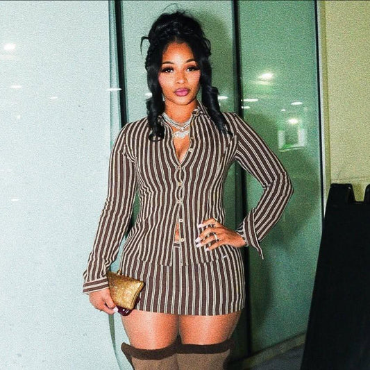 Fashionable Retro Color-Block Striped Long-Sleeve Top And Skirt Set