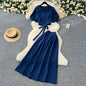 Lace-up V-neck Puffed-sleeve Shirt With A High-waisted Skirt
