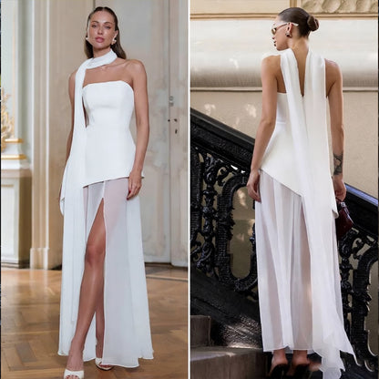 Womens Solid-Color Strapless Dress With Fluttering Ties And A Slit