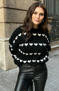 Sweet Cute Love Heart Two-tone Jacquard Contrast Color Round Neck Long Sleeve Sweater