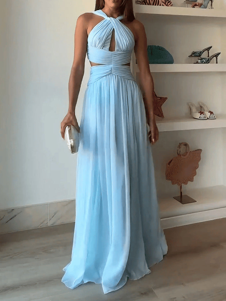 Womens Fashion Lace-up Sleeveless Maxi Halter Dress