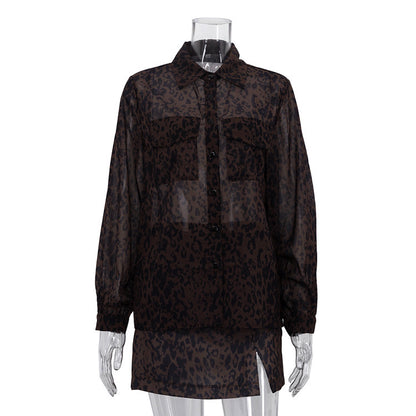Lapel Long Sleeve Top High Waist Slit Short Skirt Two-piece Leopard Print Skirt Suit