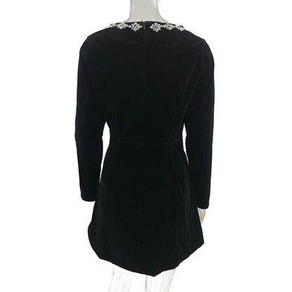Women's Rhinestone Square Neck Velvet Dress, Long Sleeve Bodycon A-Line Mini Dress