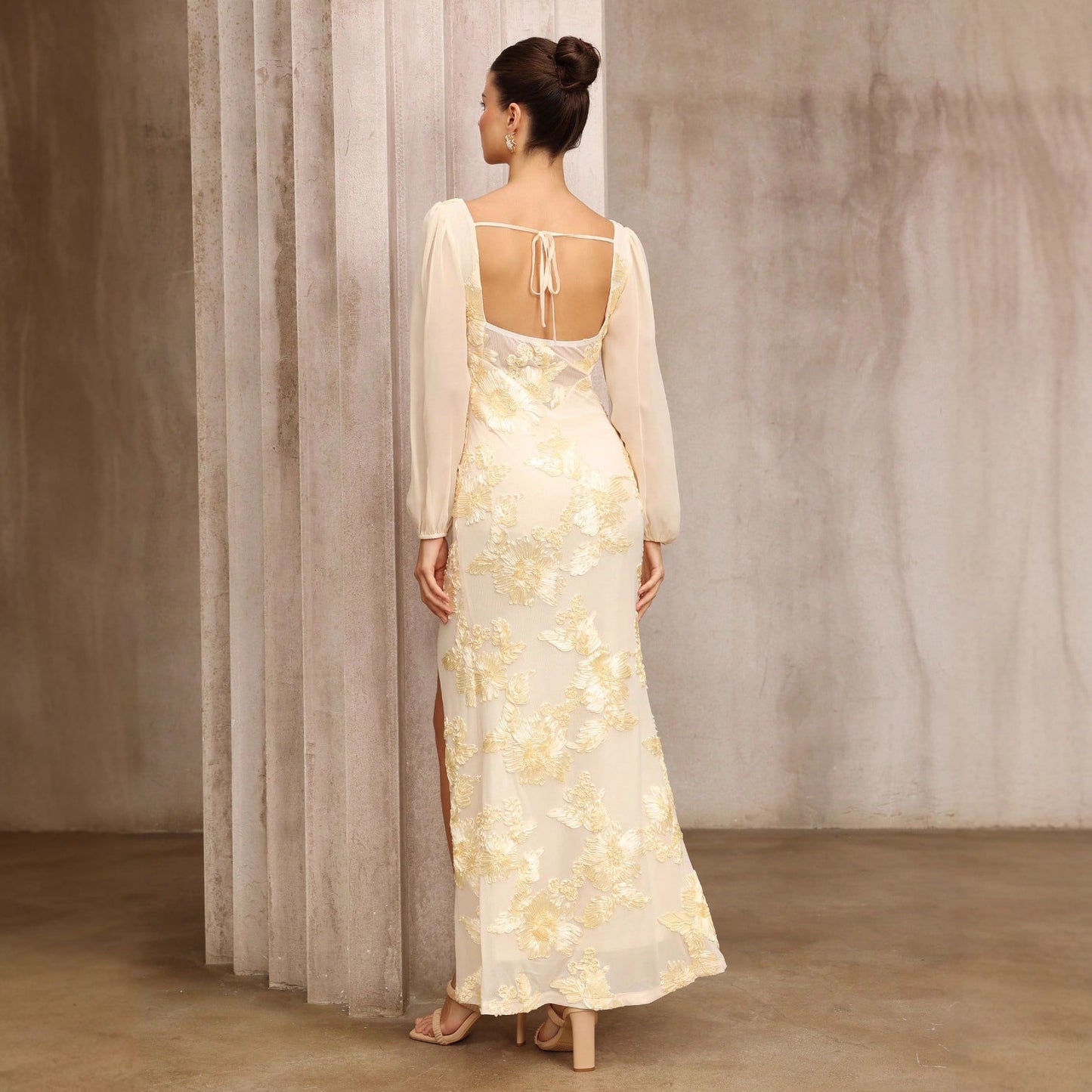 Plate Flower Embroidered Square Collar Slit Banquet Dress