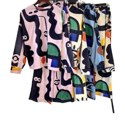 Womens Personalized Printed Graffiti Long-Sleeve Shirt And Straight-Leg Pants Set