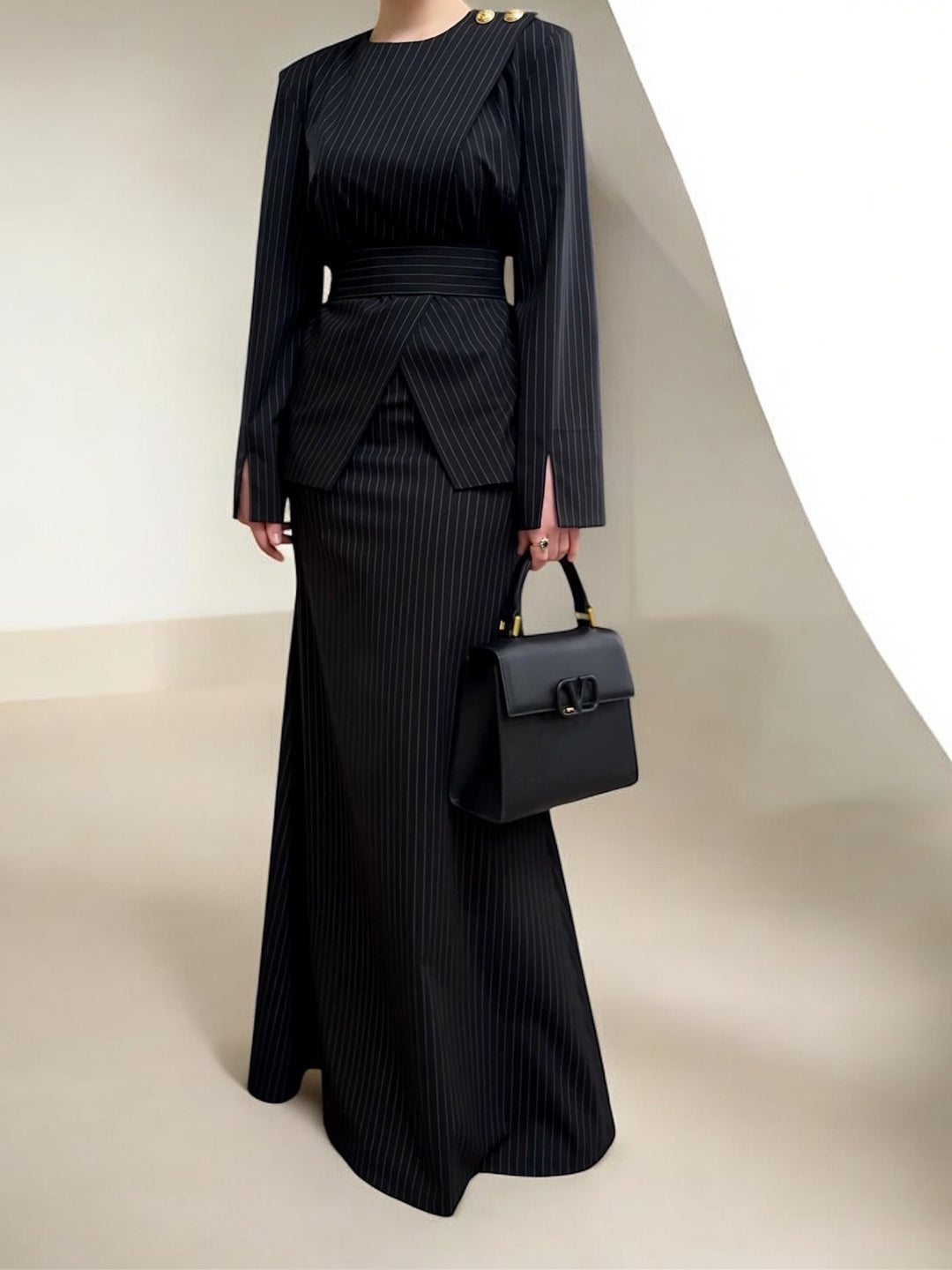 Black Pinstripe Maxi Dress With Structured Waist And Gold Button Accent