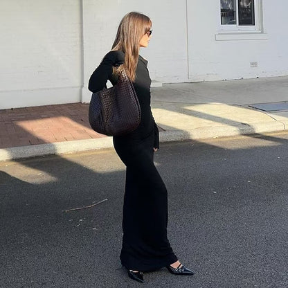 Women's OffshoulderLong-sleeve Figurehugging Pleated Maxi Dress