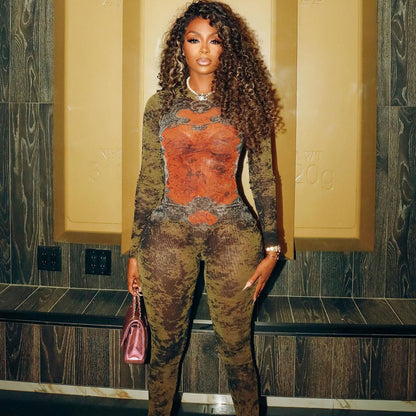 Women's Printed Sexy Mesh High Waist Slim-fit Zipper Long-sleeved Jumpsuit