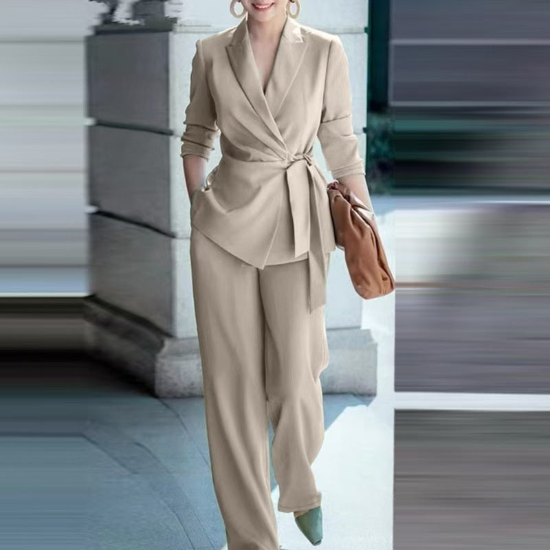 Solid Color Elegant Belted Suit For Women