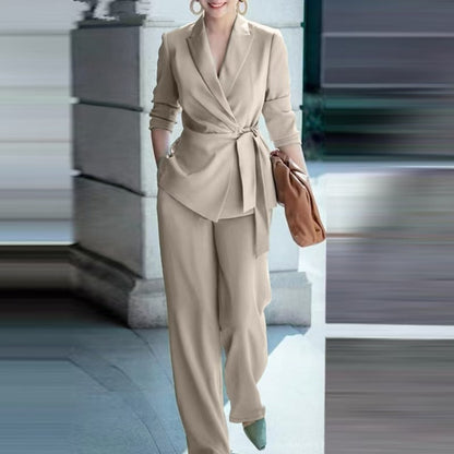 Solid Color Elegant Belted Suit For Women