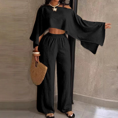 Solid-color Off-shoulder Top With An Asymmetrical Neckline, Paired With Elastic-waist Pants Featuring Pockets