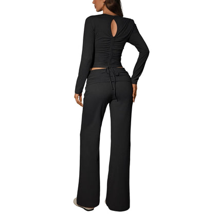 Womens Solid-Color Casual Fashion Top And Pants Set