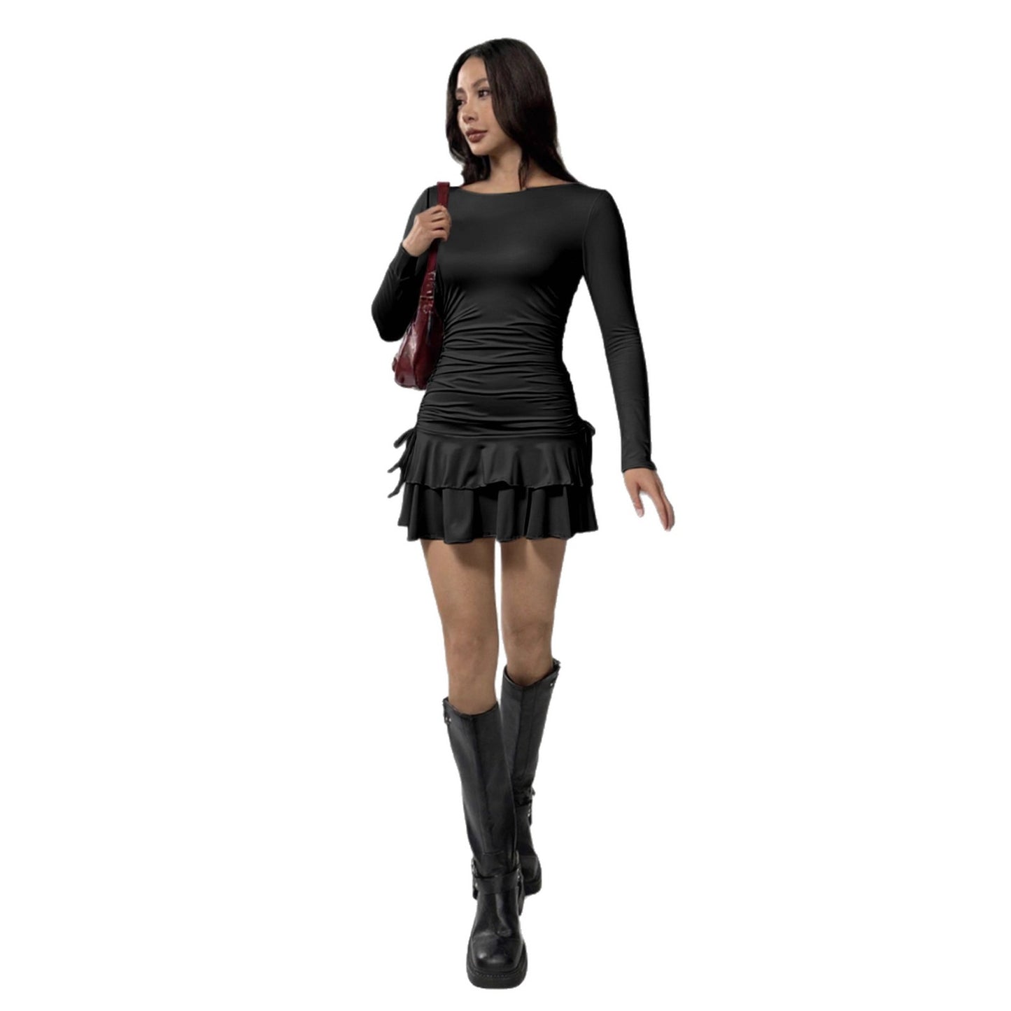 Women's Solid-Color Long-Sleeve Drawstring Fashion Short Dress