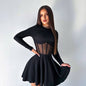 Women's Semi-high Collar Long Sleeve Fashion Mesh Spliced Fishbone Waist Short Dress