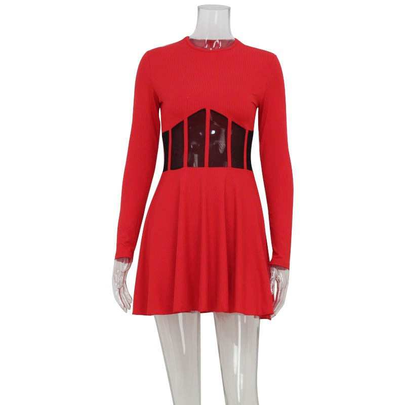 Women's Semi-high Collar Long Sleeve Fashion Mesh Spliced Fishbone Waist Short Dress