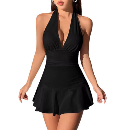 Sexy Deep V-neck Low-cut Tummy-covering Slimming Halter Dress
