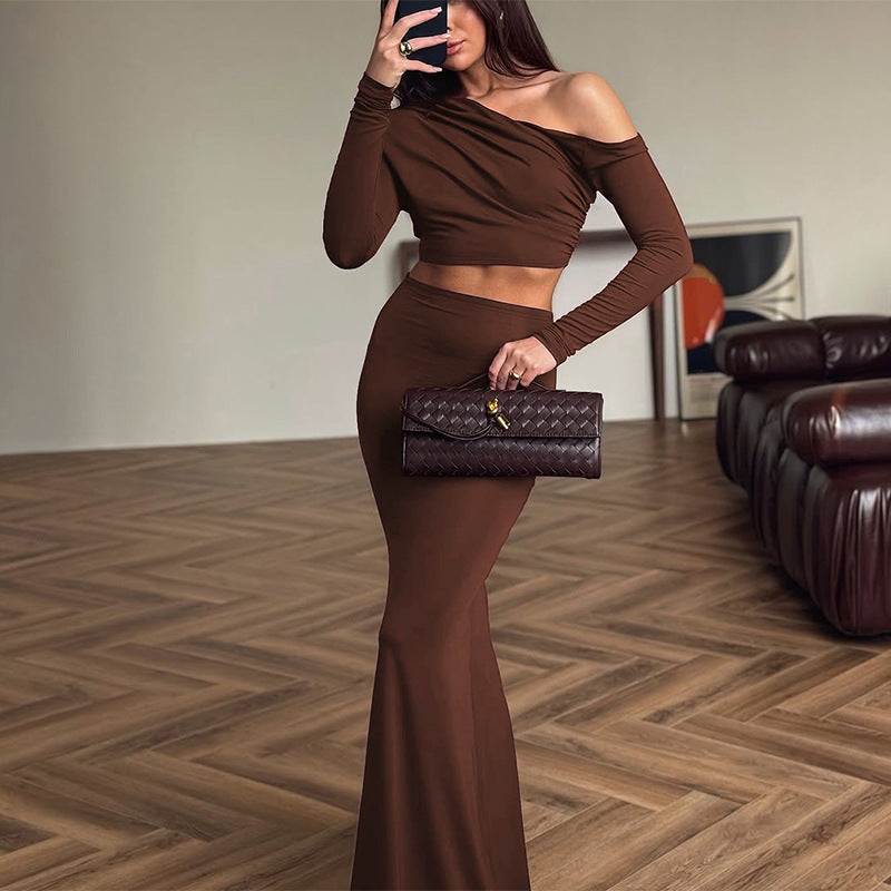 Women's Fashion Shoulder-baring Long-sleeved Top Slim Skirt Suit