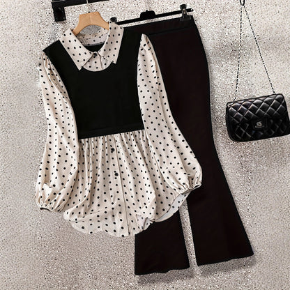 Polka Dot Patchwork Fake Two-piece Long-sleeved Shirt Leggings