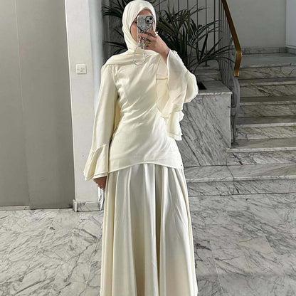 Solid-color Long-sleeve Elegant Headscarf Dress Set