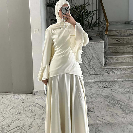 Solid-color Long-sleeve Elegant Headscarf Dress Set