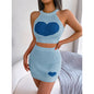 Women's 2 Piece Heart Knit Outfits Backless Halter Crop Tops & Mini Bodycon Skirt