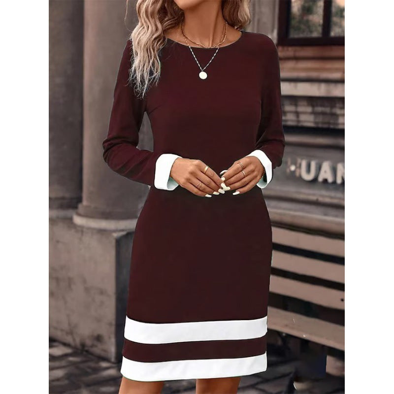 New Fashion Fitted Color-block Long-sleeve Dress With Round Neckline