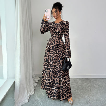 French Leopard Print Long Sleeve Dress Women