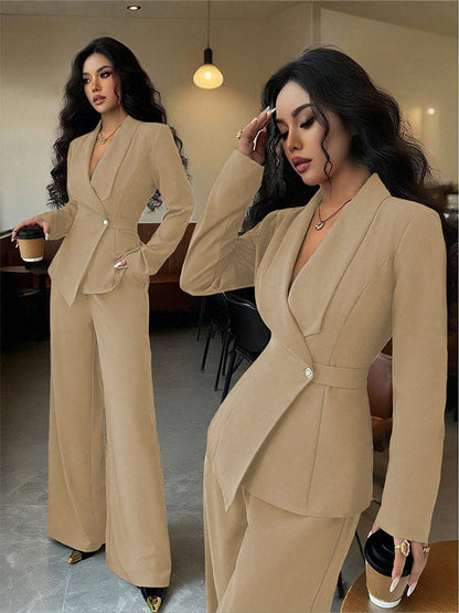 Women's Long-sleeved Suit Jacket Straight-leg Pants Top And Bottom