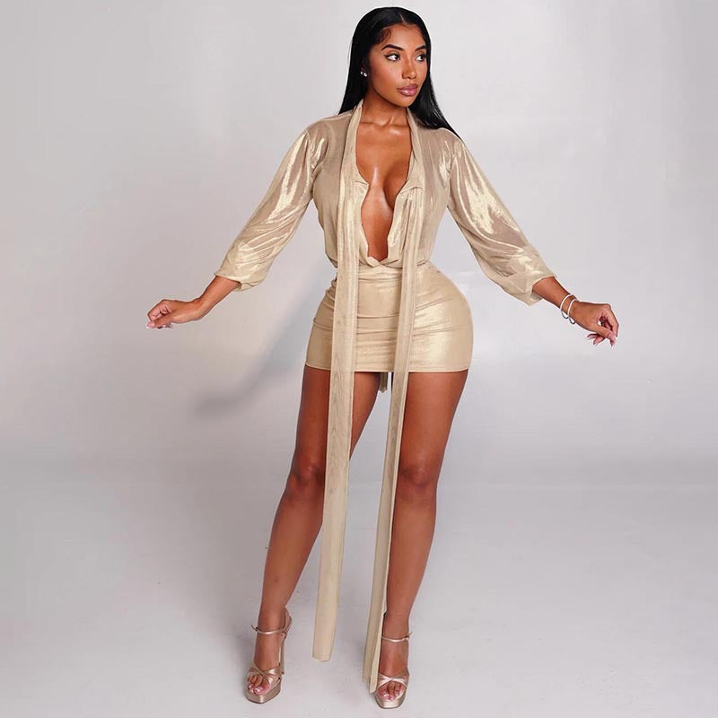 Women's Sexy Transparent Tied Long Sleeves Top Tight Sheath Short Dress Two-piece Set