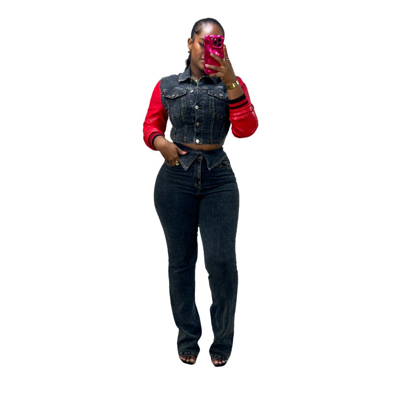 Cowboy Set Leather U Cowboy Patch Stretch Pants