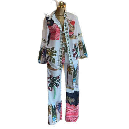 Printed Long-sleeve Shirt Bralette And Wide-leg Pants Three-piece Set