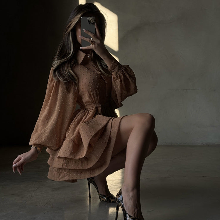 Lapel-collar Long-sleeve Single-breasted Button-up Belted Shirt Dress
