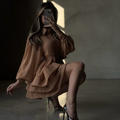 Lapel-collar Long-sleeve Single-breasted Button-up Belted Shirt Dress