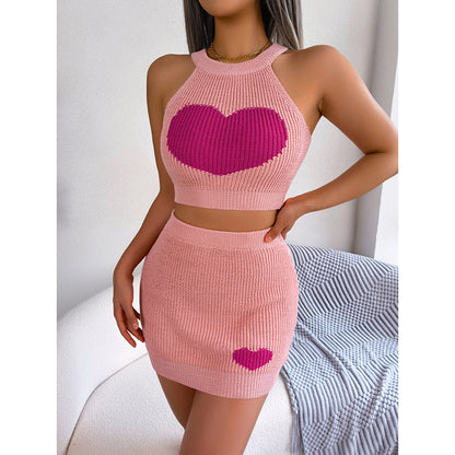 Women's 2 Piece Heart Knit Outfits Backless Halter Crop Tops & Mini Bodycon Skirt
