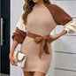 Women's Color Block Sweater Midi Dress - Fall Long Sleeve Bodycon Dress With Tie Waist