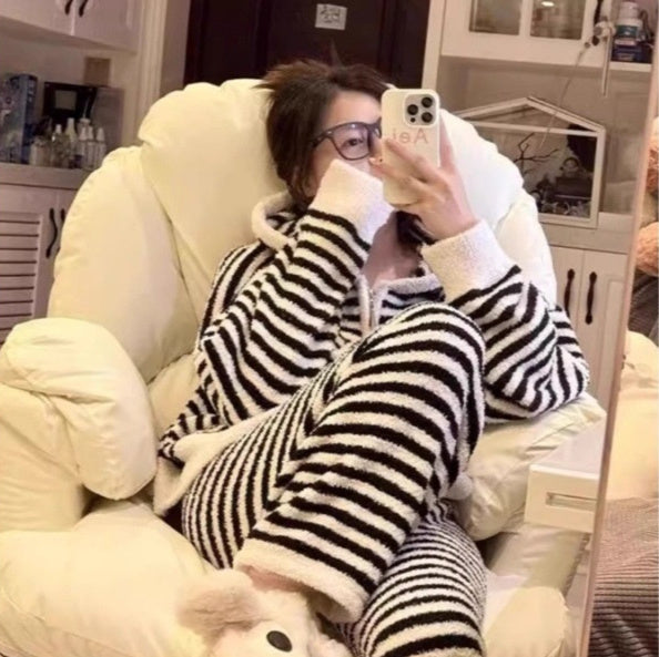 Striped Hooded Pajama Set Homewear For Women