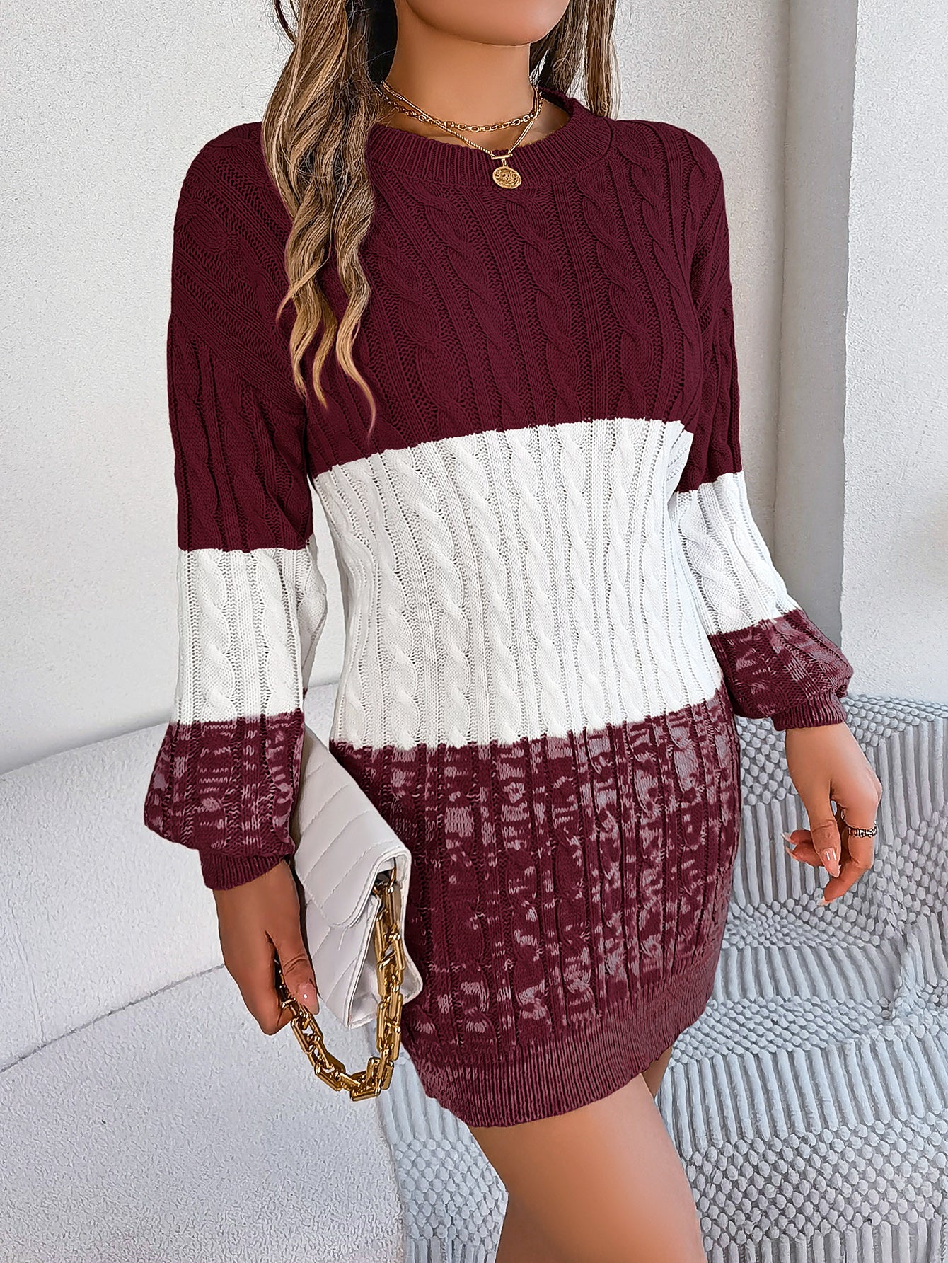Casual Color Block Cable Knit Lantern Sleeve Sweater Dress