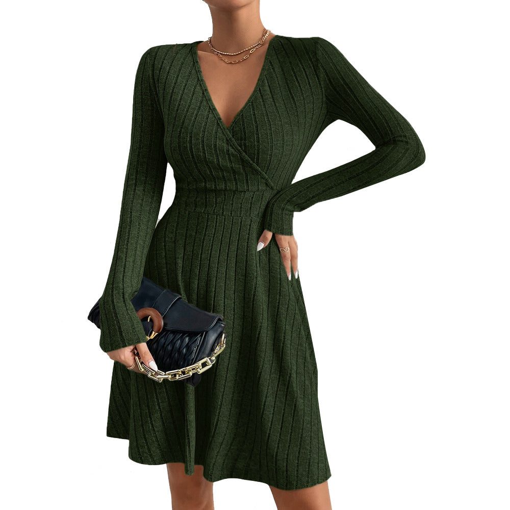 European And American Sexy Women's V-neck Waist-cinching Popular Fabric Ribbed Brushed Long-sleeve Dress