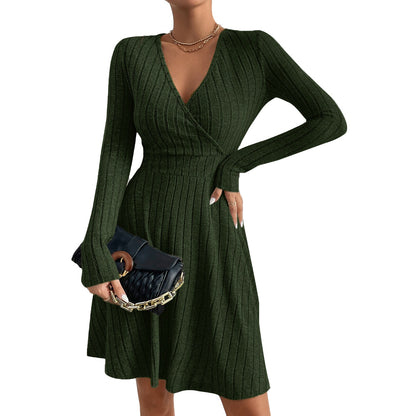 European And American Sexy Women's V-neck Waist-cinching Popular Fabric Ribbed Brushed Long-sleeve Dress