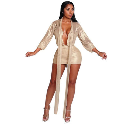 Women's Sexy Transparent Tied Long Sleeves Top Tight Sheath Short Dress Two-piece Set
