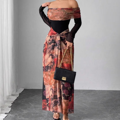 French One-shoulder Swing Collar Printed Mesh Dress